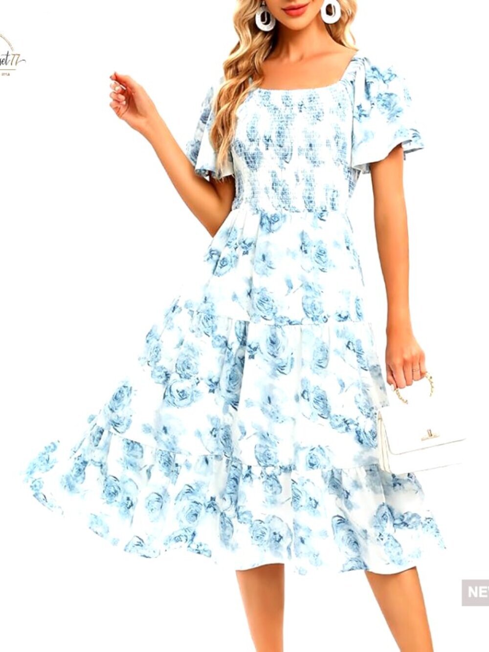 Floral Smocked Midi Dress Square Neck Off-Shoulder Summer Casual Boho